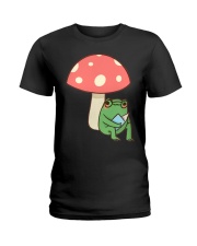 Frog Reading Book Mushroom Ladies T-Shirt tile
