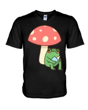 Frog Reading Book Mushroom V-Neck T-Shirt tile