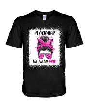 In October We Wear Pink Messy Bun V-Neck T-Shirt tile