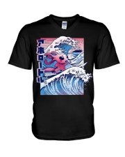 Vaporwave Axolotl The Great Wave V-Neck T-Shirt tile