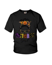 October Girl Halloween Messy Bun Youth T-Shirt tile