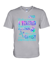 Never underestimate a teacher neon V-Neck T-Shirt tile
