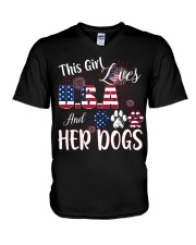 this girl loves usa and dogs V-Neck T-Shirt tile