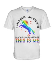 lgbt unicorn I am brave I am V-Neck T-Shirt tile