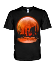 bigfoot alien dog red moon V-Neck T-Shirt tile