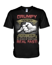 grumpy knows everything real fast V-Neck T-Shirt tile