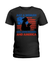 Woman who Loves Reading and America Ladies T-Shirt tile