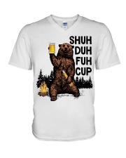 Shuh Duh Fuh Cup Bear Drinking Beer Camping V-Neck T-Shirt tile