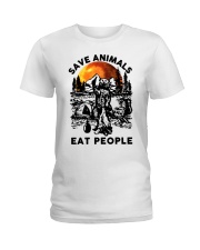Camping bear save animals eat people Ladies T-Shirt tile