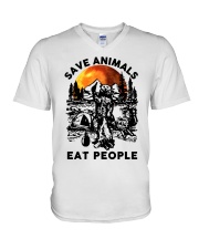 Camping bear save animals eat people V-Neck T-Shirt tile
