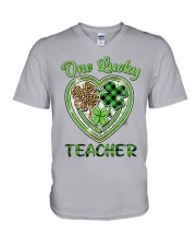 St Patricks Teacher Shirt Buffalo Plaid Shamrock V-Neck T-Shirt tile