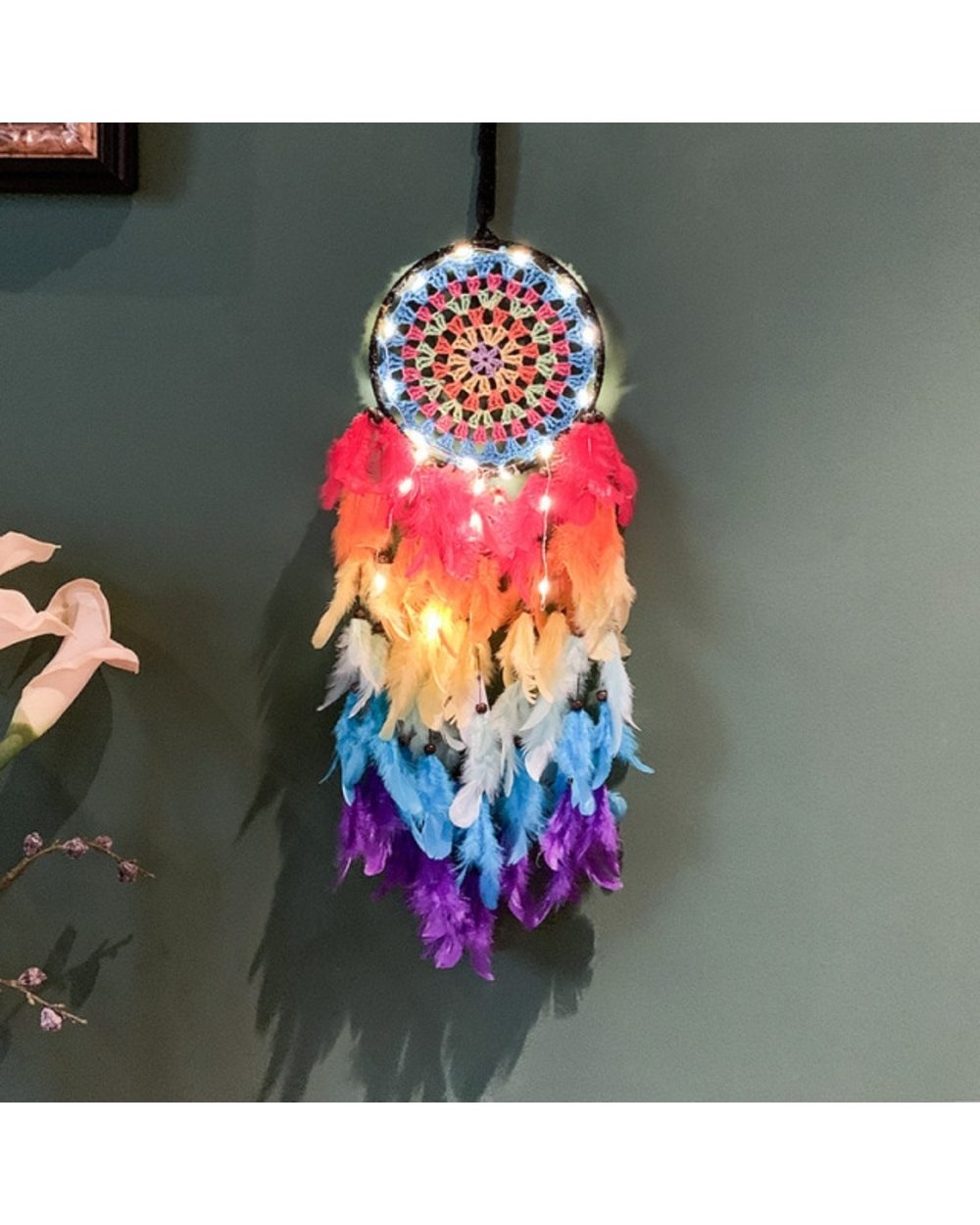Rainbow Dream Catcher With Natural Feather Boho Home Decor Girls Kids Room Decoration With Light Gift VG06 template