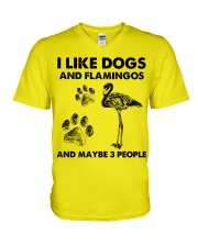 Flamingo and dog three people bird lover V-Neck T-Shirt tile