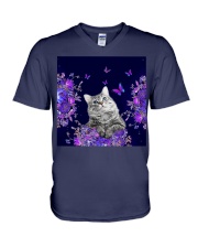 Cat flowers lavenders cat lovers V-Neck T-Shirt tile