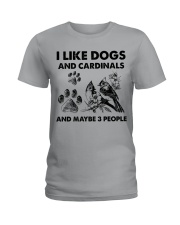 Cardinal and dog three people bird lover dog mom Ladies T-Shirt tile