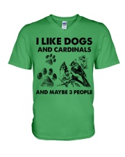 Cardinal and dog three people bird lover dog mom V-Neck T-Shirt tile