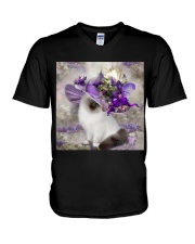 Cat purple tiny flowers cat lover cat moms V-Neck T-Shirt tile