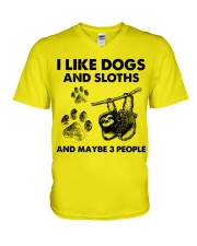 Sloth and dog three people V-Neck T-Shirt tile