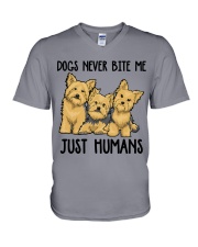 Yorkshire terrier dogs never bite me V-Neck T-Shirt tile