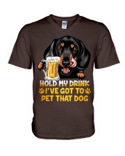 Dachshund hold my drink V-Neck T-Shirt tile