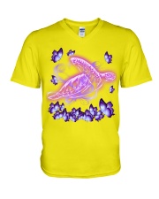 Turtle magical purple butterfly V-Neck T-Shirt tile