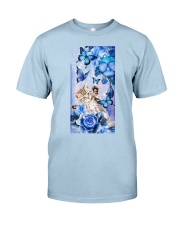 Cat blue flowers gift for cat lover Classic T-Shirt tile