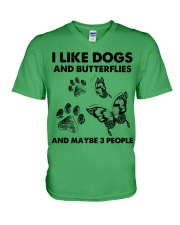 Butterfly and dog three people insects bugs lover V-Neck T-Shirt tile