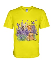 Golden Retriever And Gorgeous Purple Flower - for Golden retriever lover V-Neck T-Shirt tile