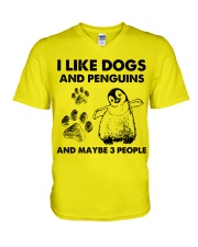 Penguin and dog three people V-Neck T-Shirt tile