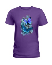 Butterfly blue flowers Ladies T-Shirt tile