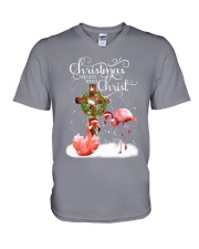 Flamingo Christmas begins gift for flamingo lovers V-Neck T-Shirt tile