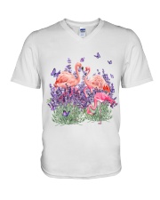 Flamingo and Gorgeous Purple flower-flamingo lover V-Neck T-Shirt tile