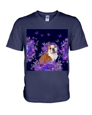 Bulldog flowers lavenders cat lovers V-Neck T-Shirt tile