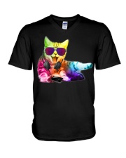 Neon DJ Cat Electro Music EDM Rave V-Neck T-Shirt thumbnail