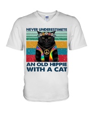 Hippie with a cat V-Neck T-Shirt tile