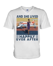 And She Lived Happily Ever After Shirt - Flight Attendant Vintage Art V-Neck T-Shirt tile