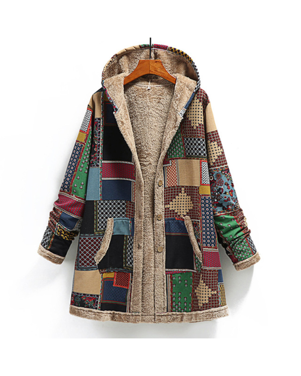 Winter Vintage Women Coat Warm Printing Thick Fleece Hooded Long Jacket with Pocket Ladies Outwear Loose Coat template