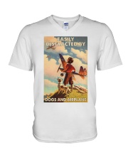 Easily Distracted By Dogs And Airplane V-Neck T-Shirt tile