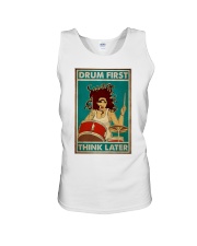 Brunette Girl Drum First Think Later Unisex Tank tile