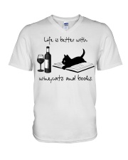 LIFE IS BETTER WITH WINE CATS AND BOOKS V-Neck T-Shirt tile