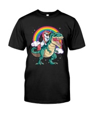 Unicorn Riding T rex Dinosaur Boys Girls Men Women Rainbow T-Shirt Premium Fit Mens Tee tile