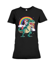 Unicorn Riding T rex Dinosaur Boys Girls Men Women Rainbow T-Shirt Premium Fit Ladies Tee tile