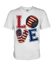 LOVE Baseball Softball Flip Flop USA Flag 4th July V-Neck T-Shirt thumbnail