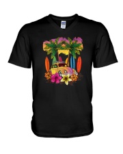 Summer Sunset Surfer Palm Tree Beach Hippie Bug V-Neck T-Shirt tile