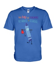 Teacher Crayon Mask Blue V-Neck T-Shirt tile