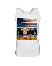 Girl and Dachshund sitting at dock Unisex Tank tile