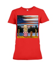 Girl and Dachshund sitting at dock Premium Fit Ladies Tee tile
