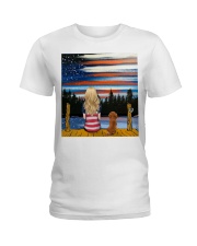 Girl and Dachshund sitting at dock Ladies T-Shirt tile