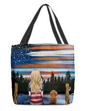 Girl and Dachshund sitting at dock All-over Tote back