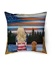 Girl and Dachshund sitting at dock Indoor Pillow tile